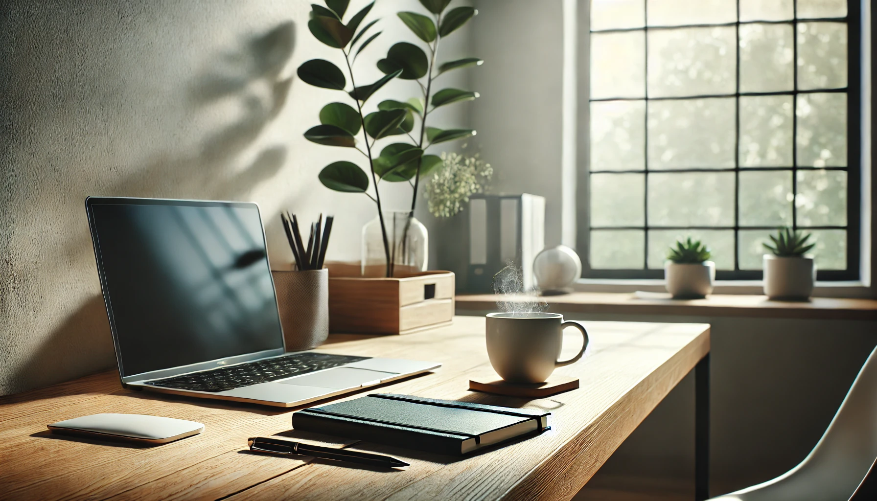 Espacio de trabajo minimalista con un portátil, una libreta y una taza de café en un escritorio de madera, con luz natural entrando por una ventana