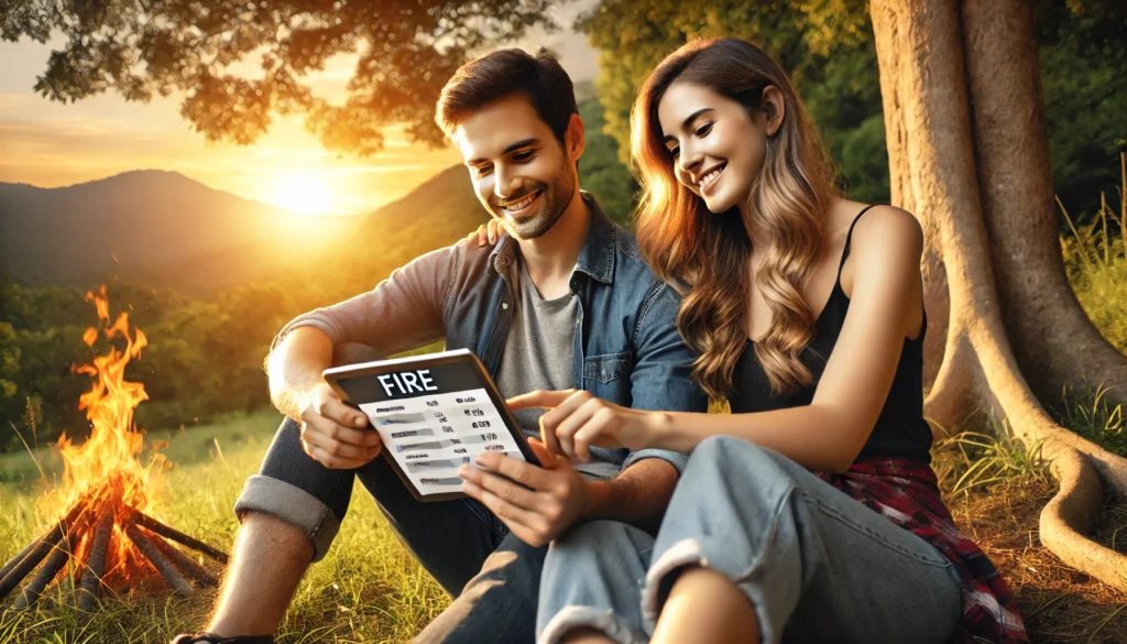 Pareja joven revisando sus planes financieros en una tableta al aire libre, rodeada de naturaleza con árboles y una puesta de sol de fondo